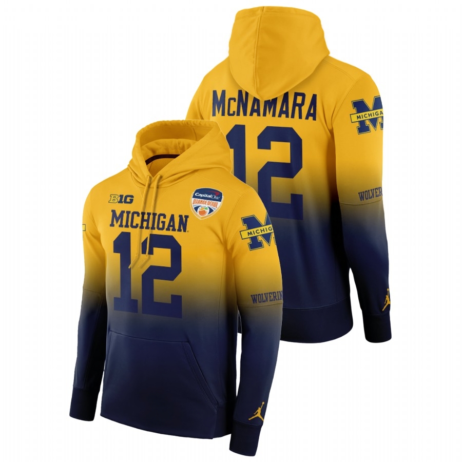 Michigan Wolverines Men's NCAA Cade McNamara #12 Gold Navy Orange Bowl 2021 Color Crash College Football Hoodie HXS5749NT